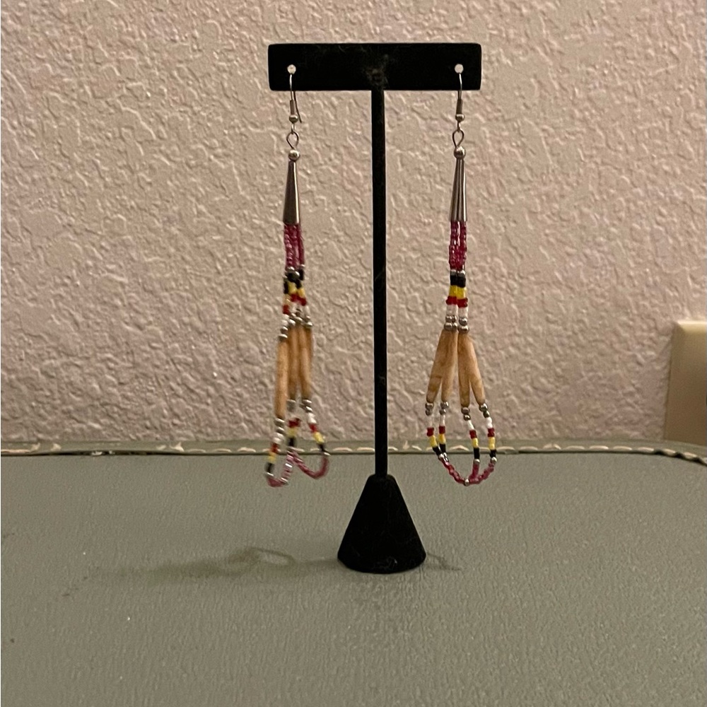 Vintage Native American Handmade Bone Beaded & Sterling Silver Earrings.